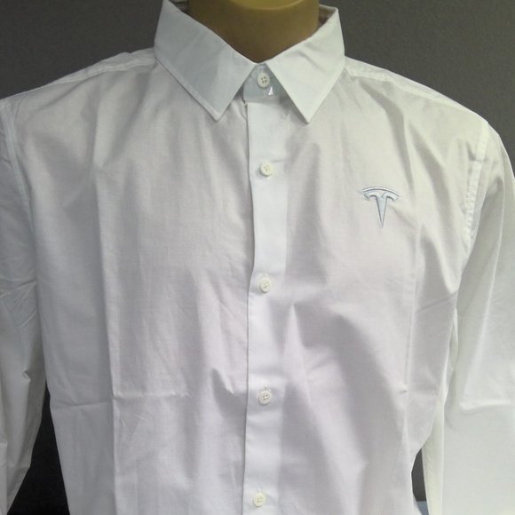 Tesla Motor Co Button Up Long Sleeve Shirt White Embroidered Logo Men's XL - Picture 2 of 8